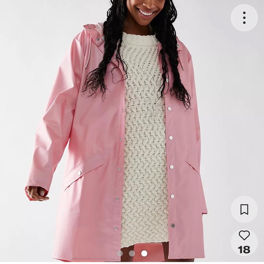 RAINS Bubble Gum Pink Long Line Button Up Hooded Waterproof Rain Jacket, M/L